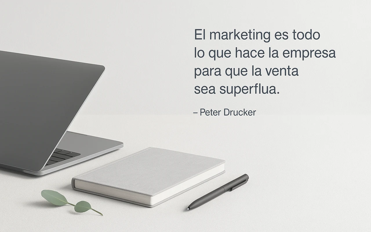 Escritorio minimal con laptop, libreta y lapicera